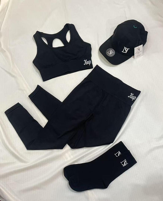 Set of top bra, leggings, cap and sports socks for training, gym, yoga